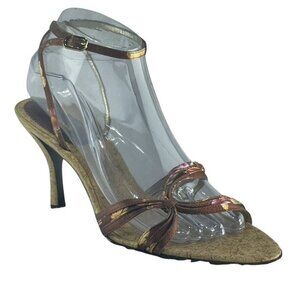 Nina Womens 8.5 Brown & Gold Open-Toe Heels With Ankle Strap